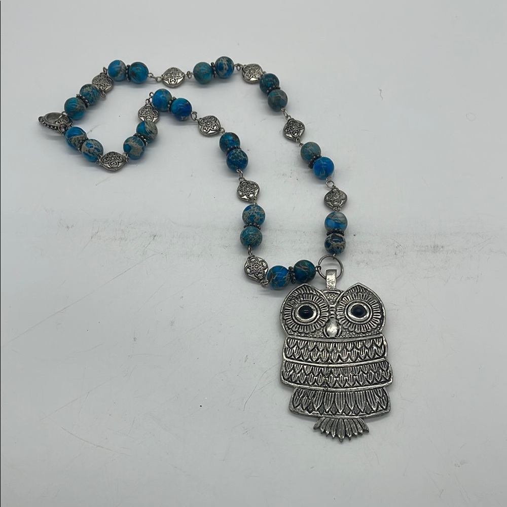 Silver and Blue Stone Owl Pendant Necklace